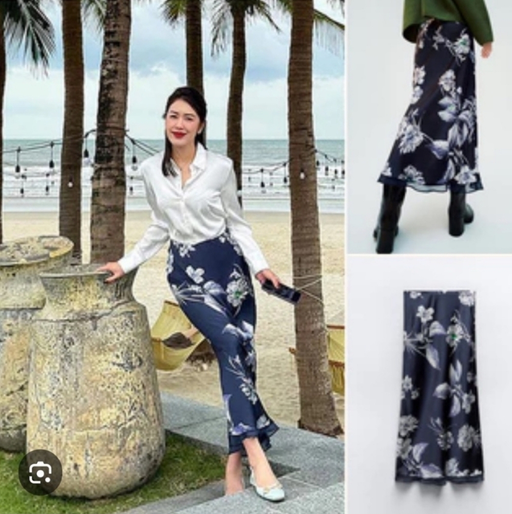 ZARA FLORAL PRINTED SATIN EFFECT MIDI SKIRT